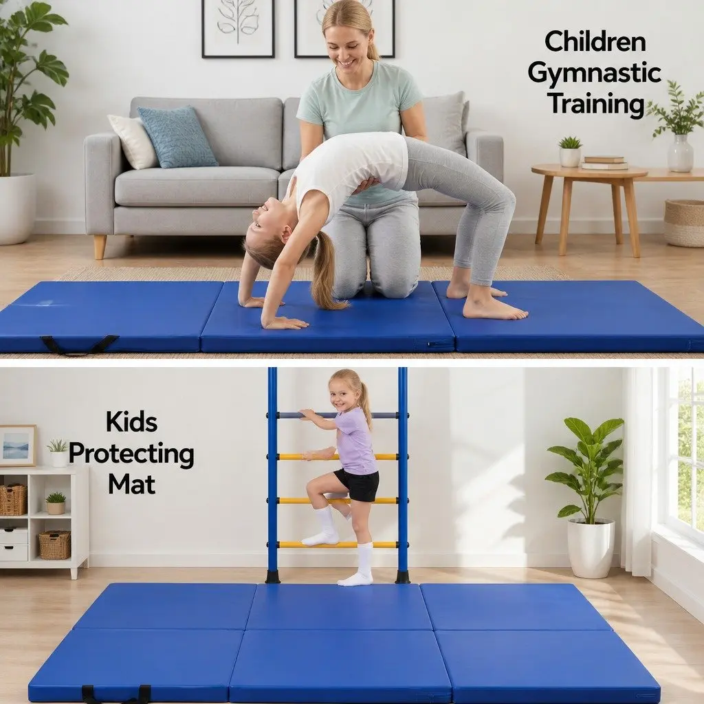 Gymnastics Mat Blue 180x60cm Portable 3 Fold Thick High Density Foam Exercise Surface
