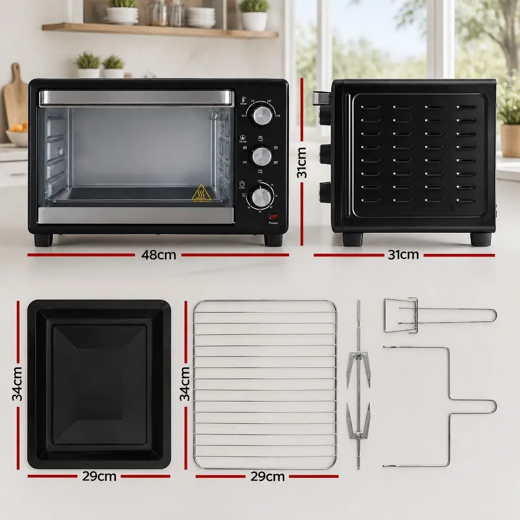 30L Convection Oven Black Compact 1600W 6-Stage Function Temperature Control