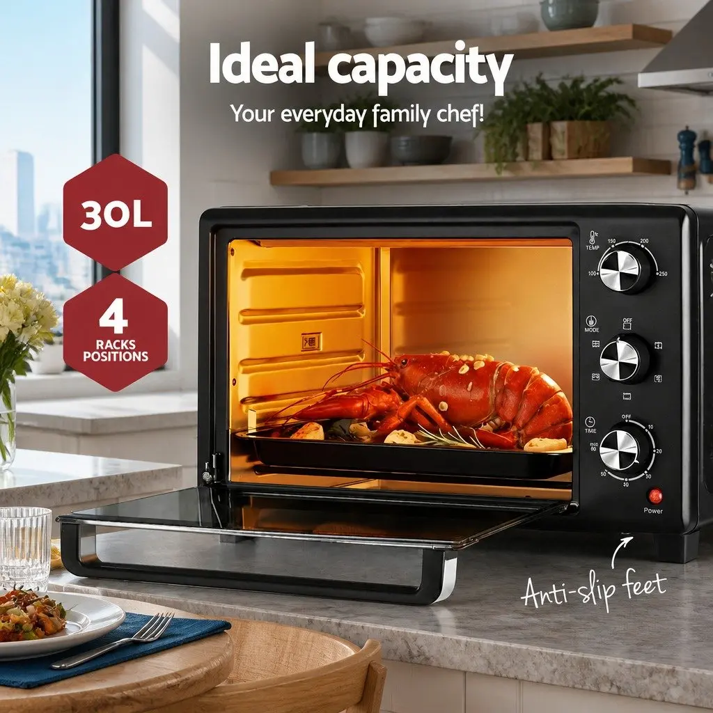 30L Convection Oven Black Compact 1600W 6-Stage Function Temperature Control