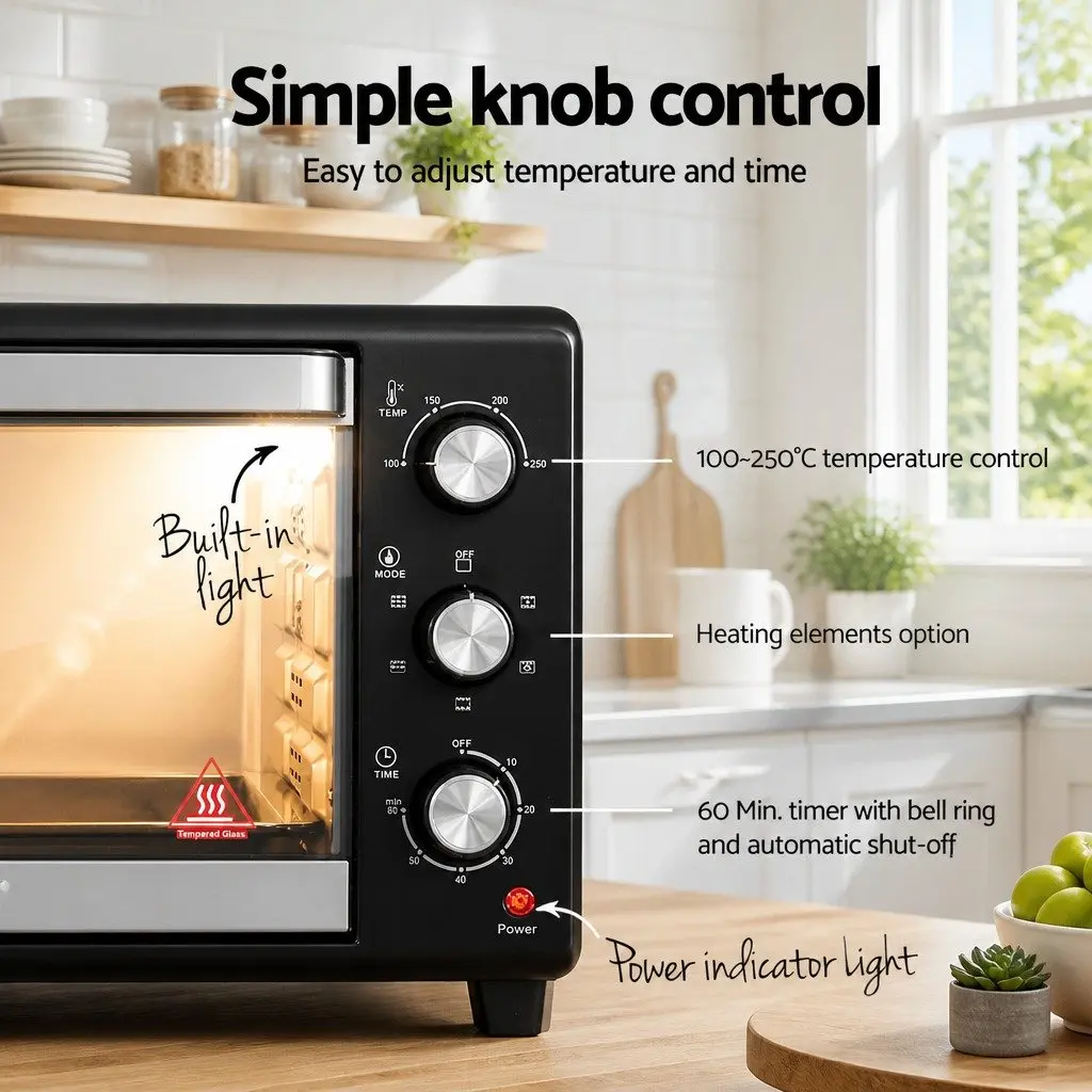 30L Convection Oven Black Compact 1600W 6-Stage Function Temperature Control