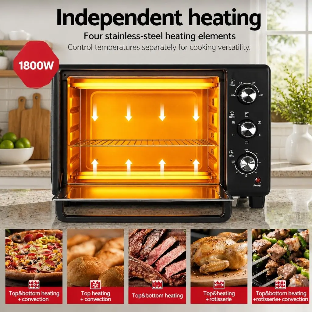 30L Convection Oven Black Compact 1600W 6-Stage Function Temperature Control