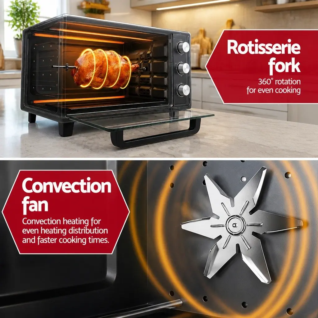 30L Convection Oven Black Compact 1600W 6-Stage Function Temperature Control