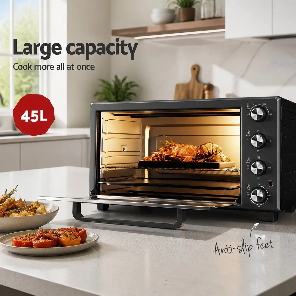 Convection Oven Black 45L Electric Rotisserie Bake Grill Portable Kitchen