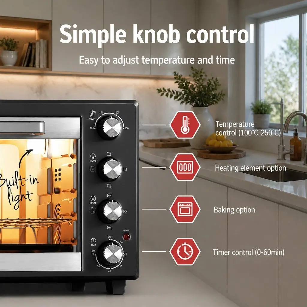 Convection Oven Black 45L Electric Rotisserie Bake Grill Portable Kitchen