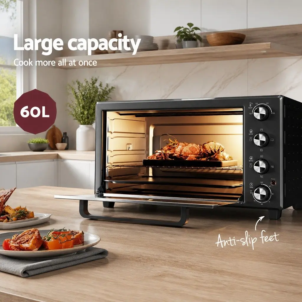 60L Convection Oven Black Silver Portable Electric Fryer with Rotisserie Function and Temperature Control