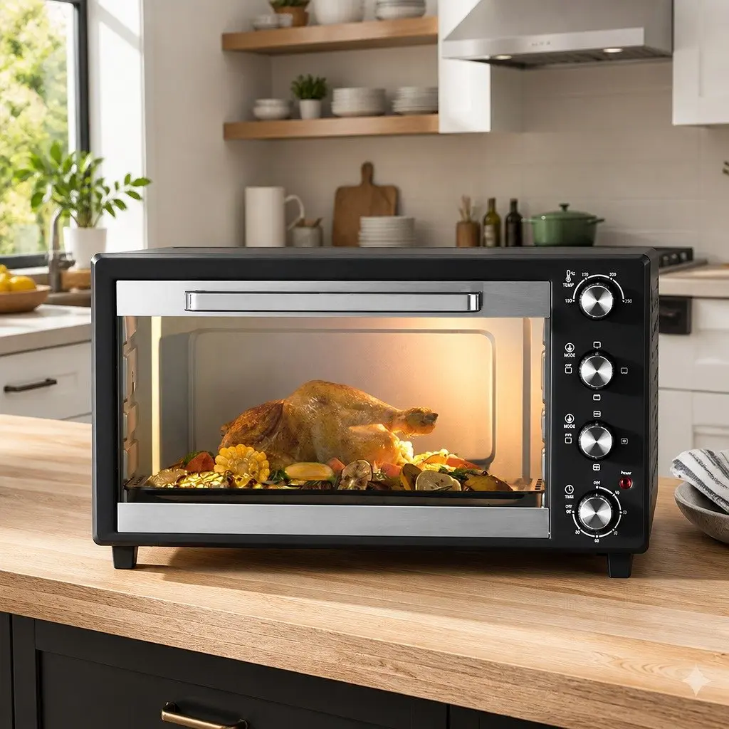 60L Convection Oven Black Silver Portable Electric Fryer with Rotisserie Function and Temperature Control