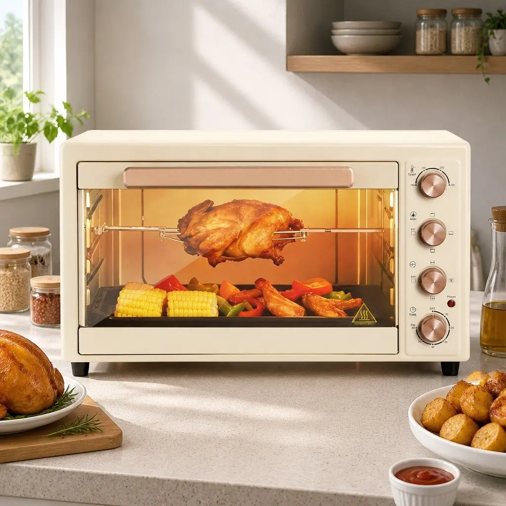 60L Convection Oven Cream Gold Portable Electric Rotisserie Bake Grill Roast