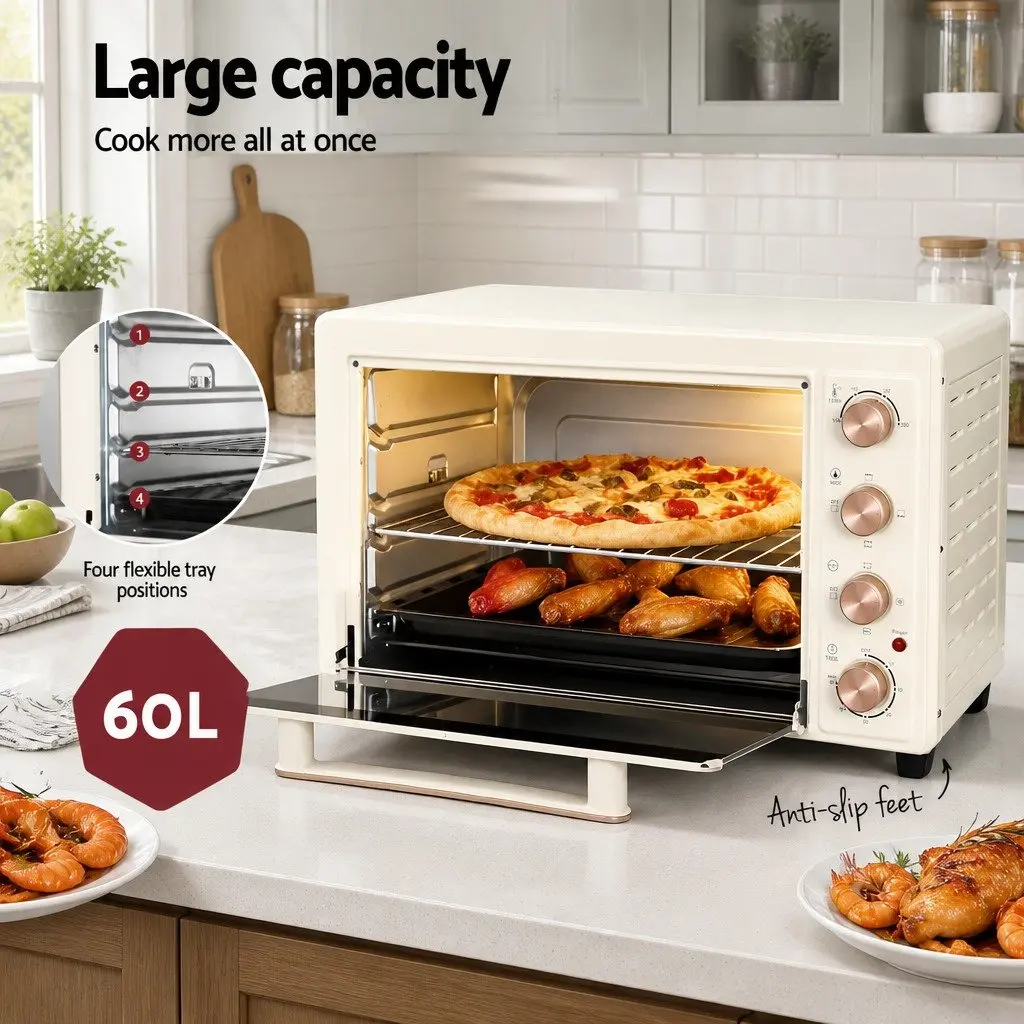 60L Convection Oven Cream Gold Portable Electric Rotisserie Bake Grill Roast