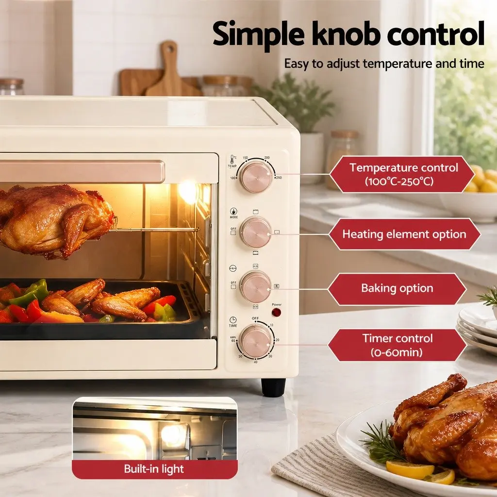 60L Convection Oven Cream Gold Portable Electric Rotisserie Bake Grill Roast