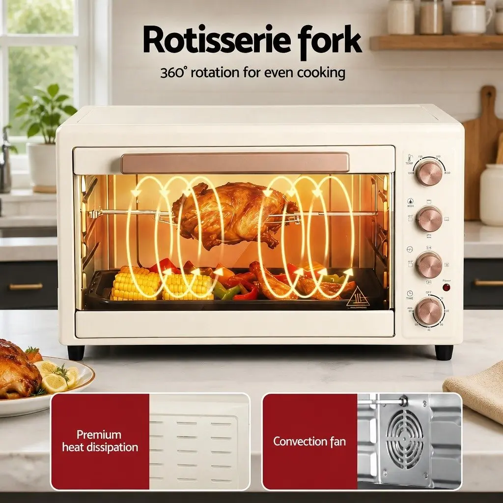 60L Convection Oven Cream Gold Portable Electric Rotisserie Bake Grill Roast