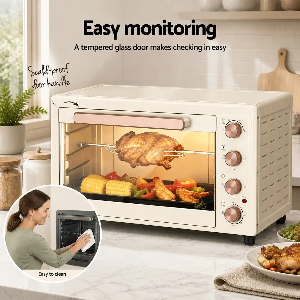 60L Convection Oven Cream Gold Portable Electric Rotisserie Bake Grill Roast