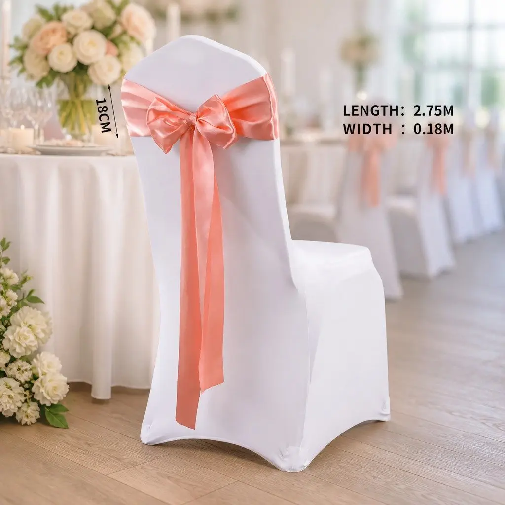 Satin Fabric Chair Sashes Coral 20 Piece Event Decoration Ties Bows