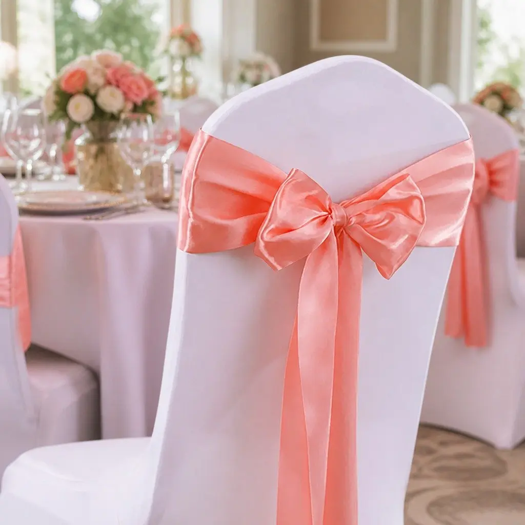 Satin Fabric Chair Sashes Coral 20 Piece Event Decoration Ties Bows