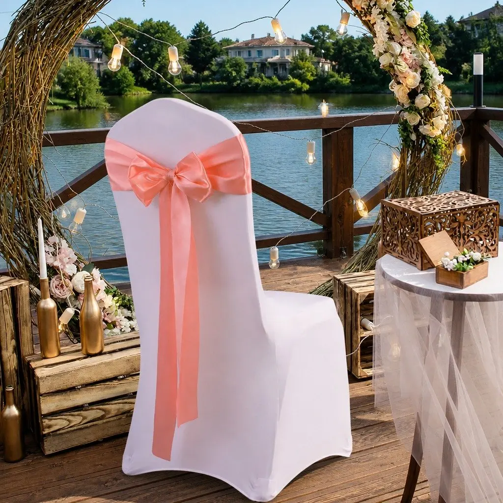 Satin Fabric Chair Sashes Coral 20 Piece Event Decoration Ties Bows