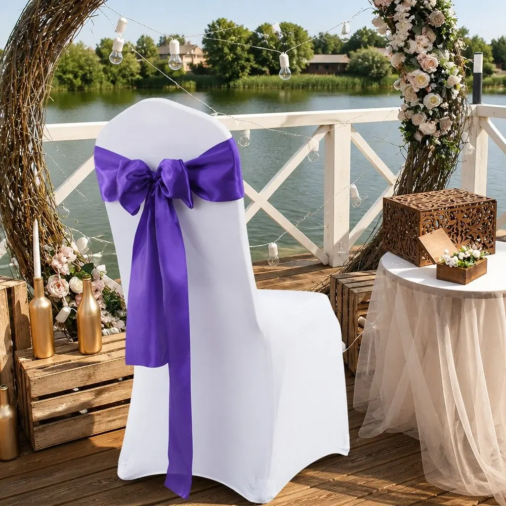 Satin Chair Sashes Table Runner Eggplant 20 Piece Stain Resistant Machine Washable Reusable