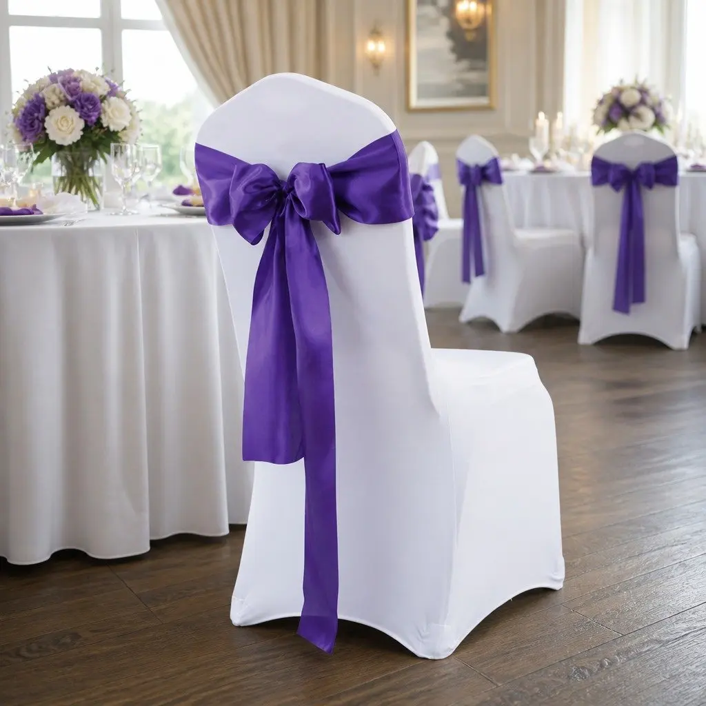 Satin Chair Sashes Eggplant Purple 278x18 cm Stain Resistant Machine Washable