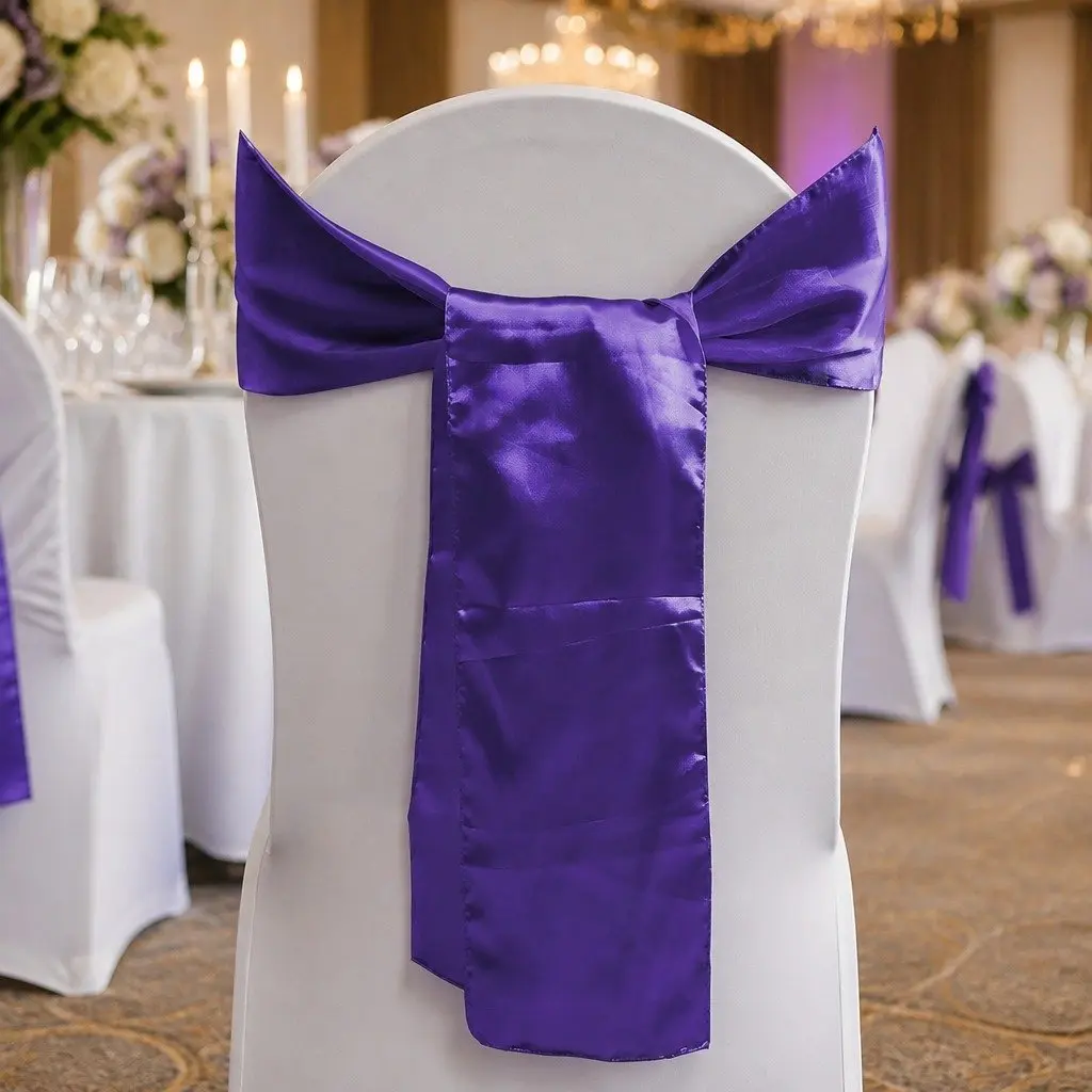 Satin Chair Sashes Eggplant Purple 278x18 cm Stain Resistant Machine Washable