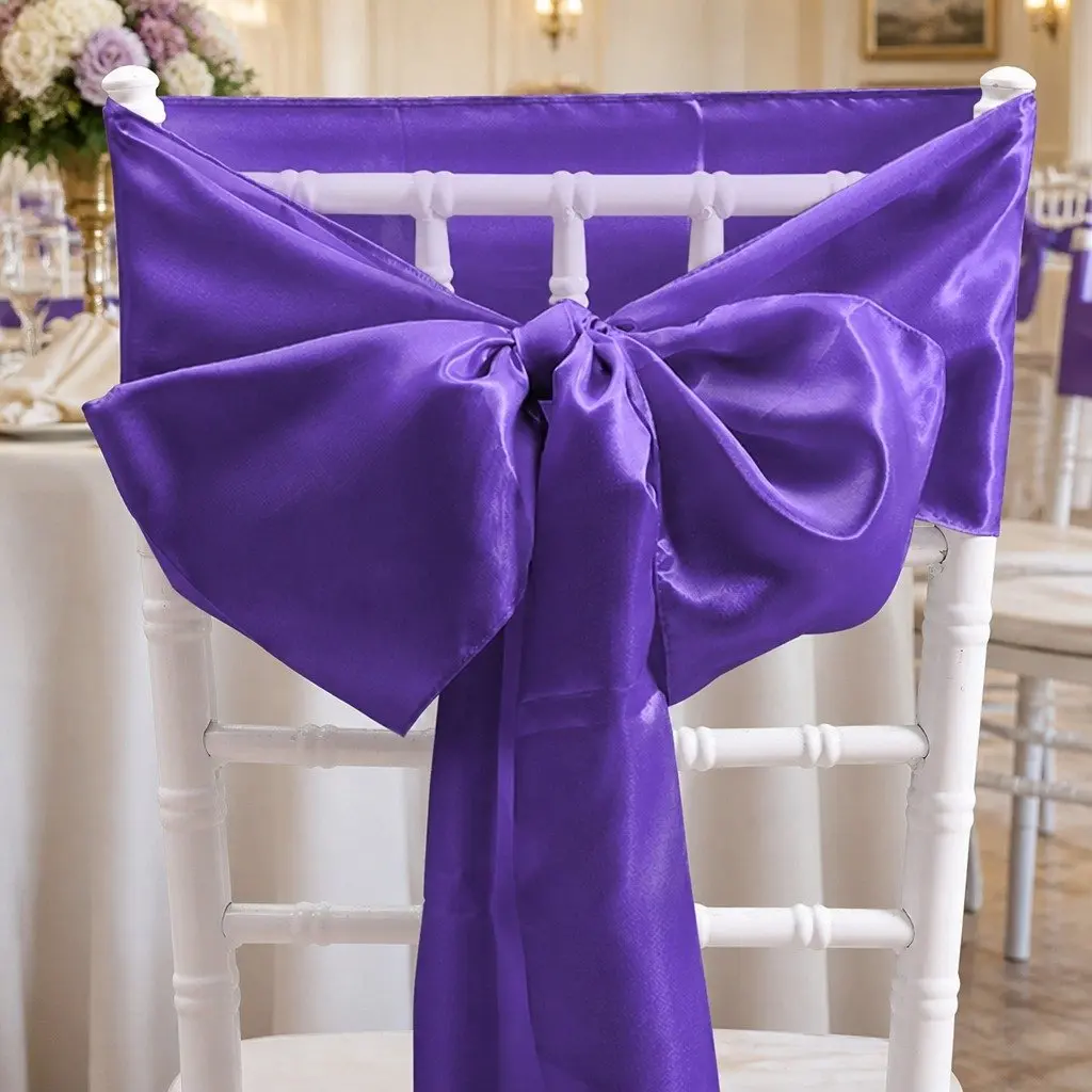 Satin Chair Sashes Eggplant Purple 278x18 cm Stain Resistant Machine Washable