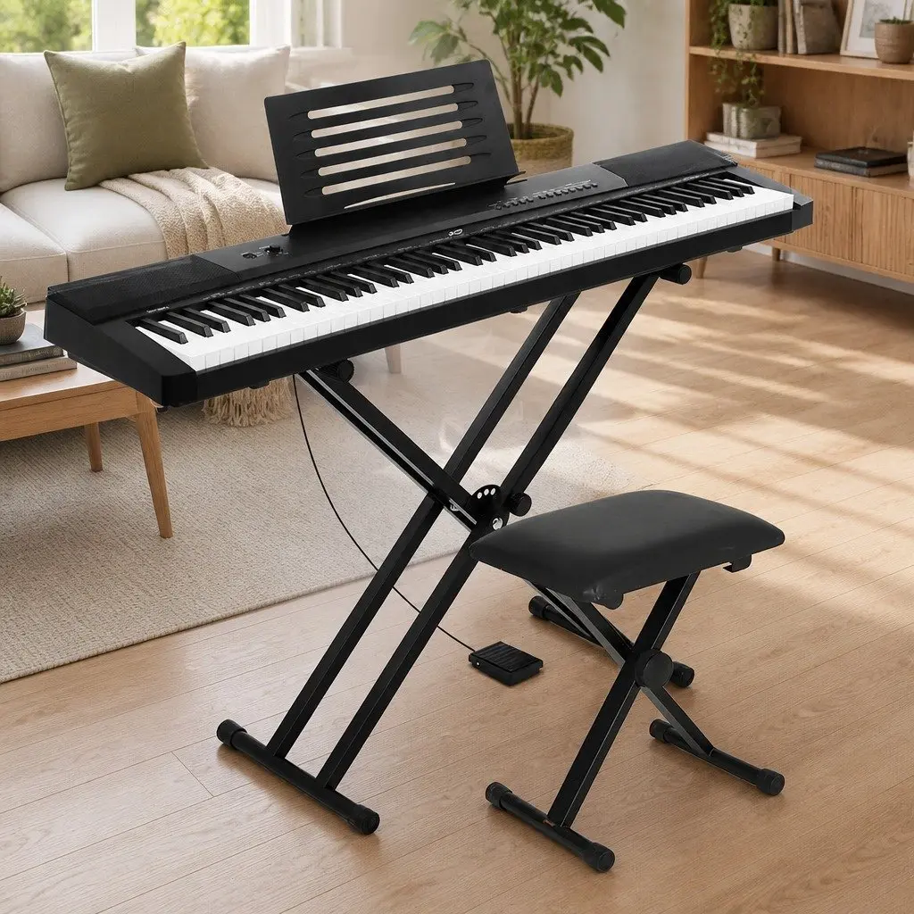 88 Key Electronic Piano Keyboard Black with Stand Stool Touch Sensitive Keys 140 Timbres 6 Rhythms 16 Demo Songs Split Function
