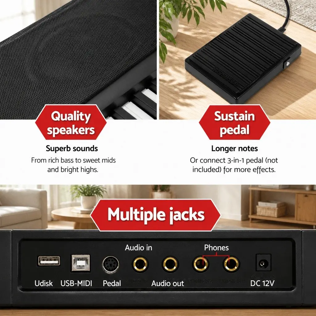 88 Key Electronic Piano Keyboard Black Touch Sensitive with Adjustable Stand