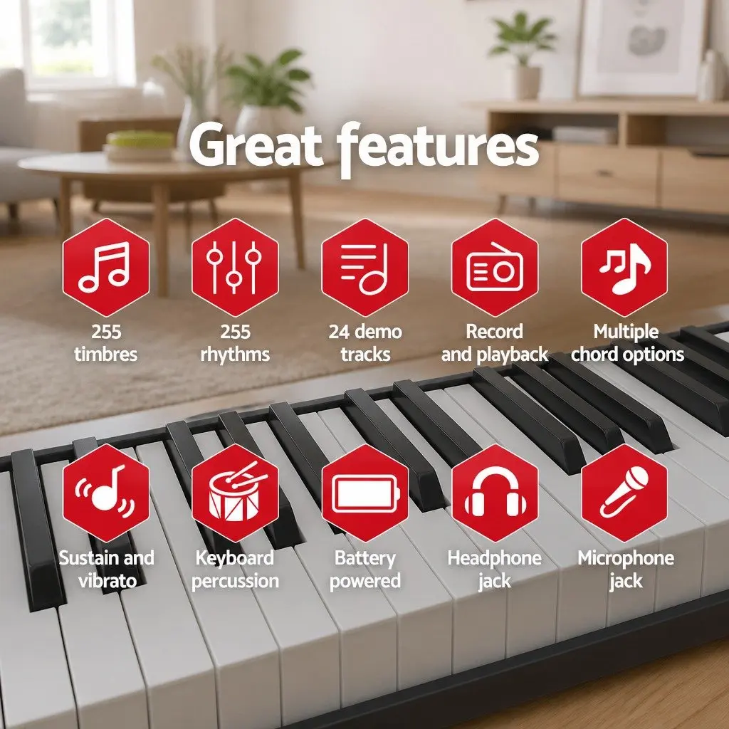 61-Key Electronic Piano Keyboard Silver Portable with Stand LED