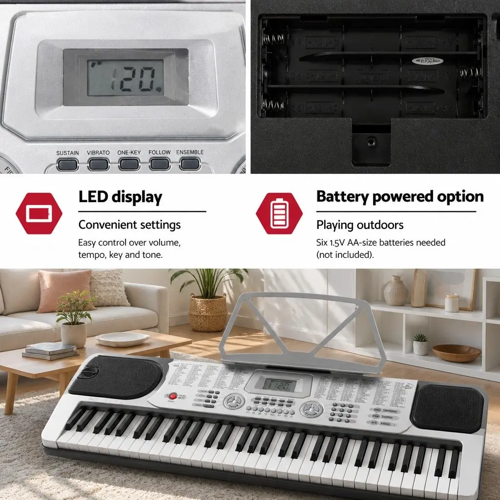 61-Key Electronic Piano Keyboard Silver Portable with Stand LED