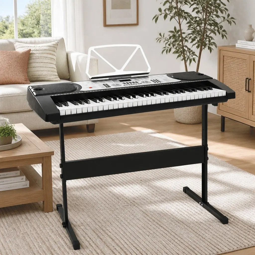 61-Key Electronic Piano Keyboard Silver Portable with Stand LED