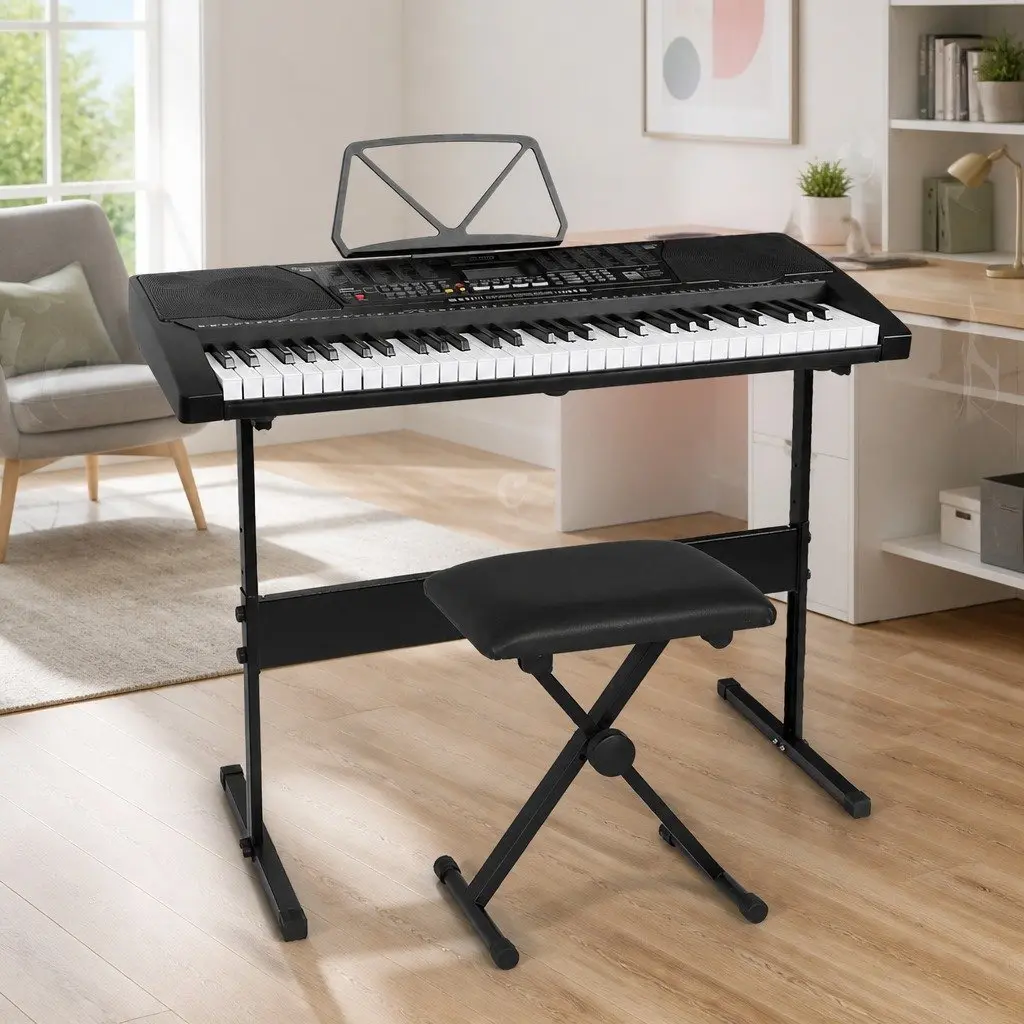 61 Keys Electronic Piano Keyboard Black with Lighted Keys LCD Display Adjustable Stand and Stool