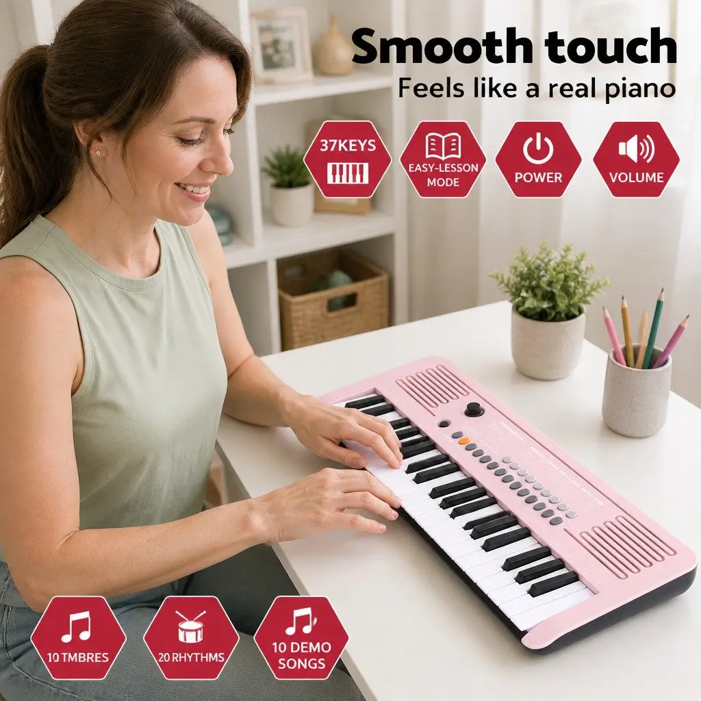 37-Key Digital Piano Keyboard Pink Compact Interactive Lesson System for Kids Beginners