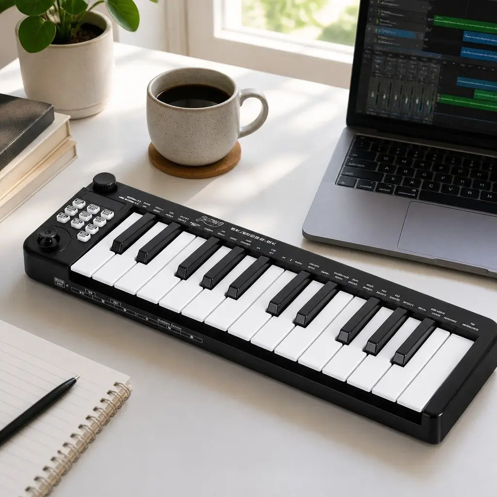 MIDI Keyboard Controller Black 25-Key Velocity-Sensitive with Assignable Knob Joystick USB Connectivity