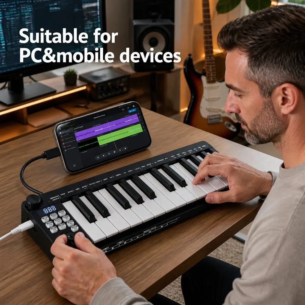 MIDI Keyboard Controller Black 25-Key Velocity-Sensitive with Assignable Knob Joystick USB Connectivity