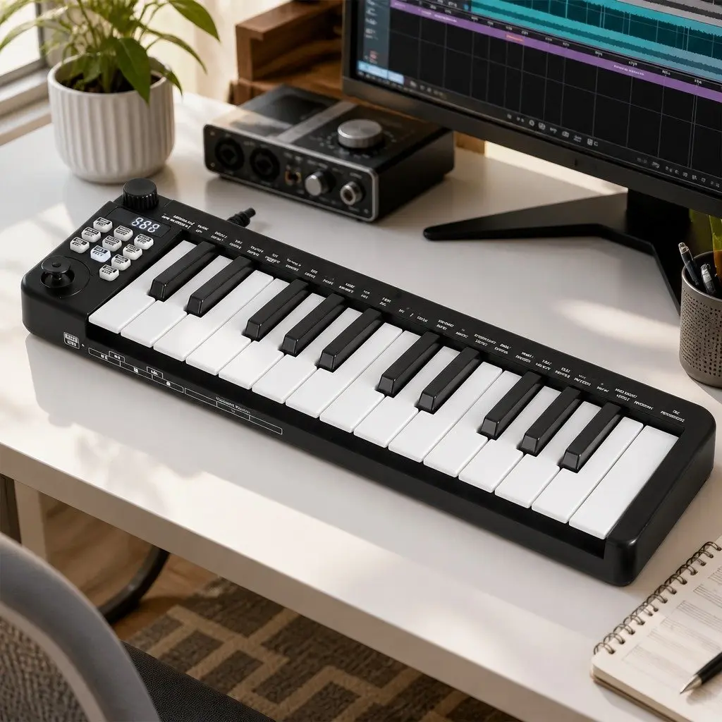 MIDI Keyboard Controller Black 25-Key Velocity-Sensitive with Assignable Knob Joystick USB Connectivity