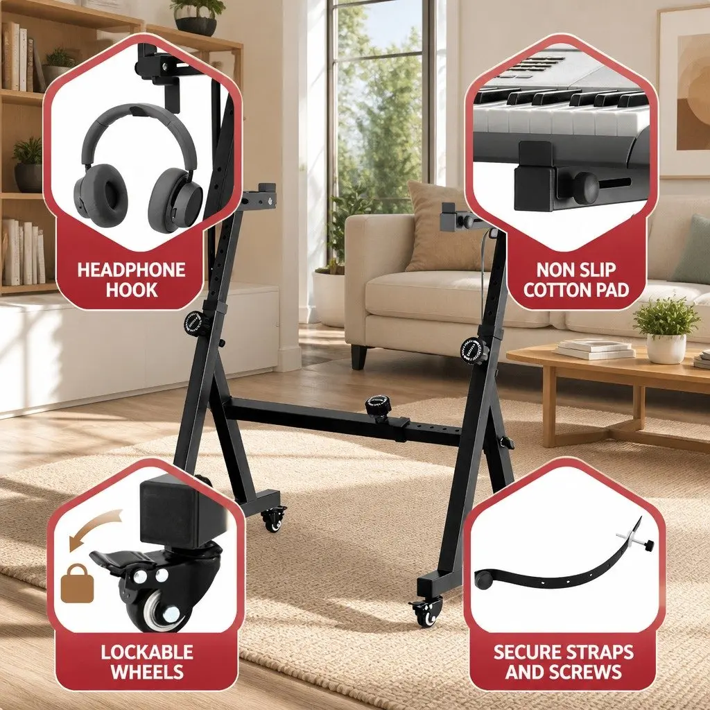 Heavy Duty Adjustable Piano Stand Black Z-Frame Lockable Wheels