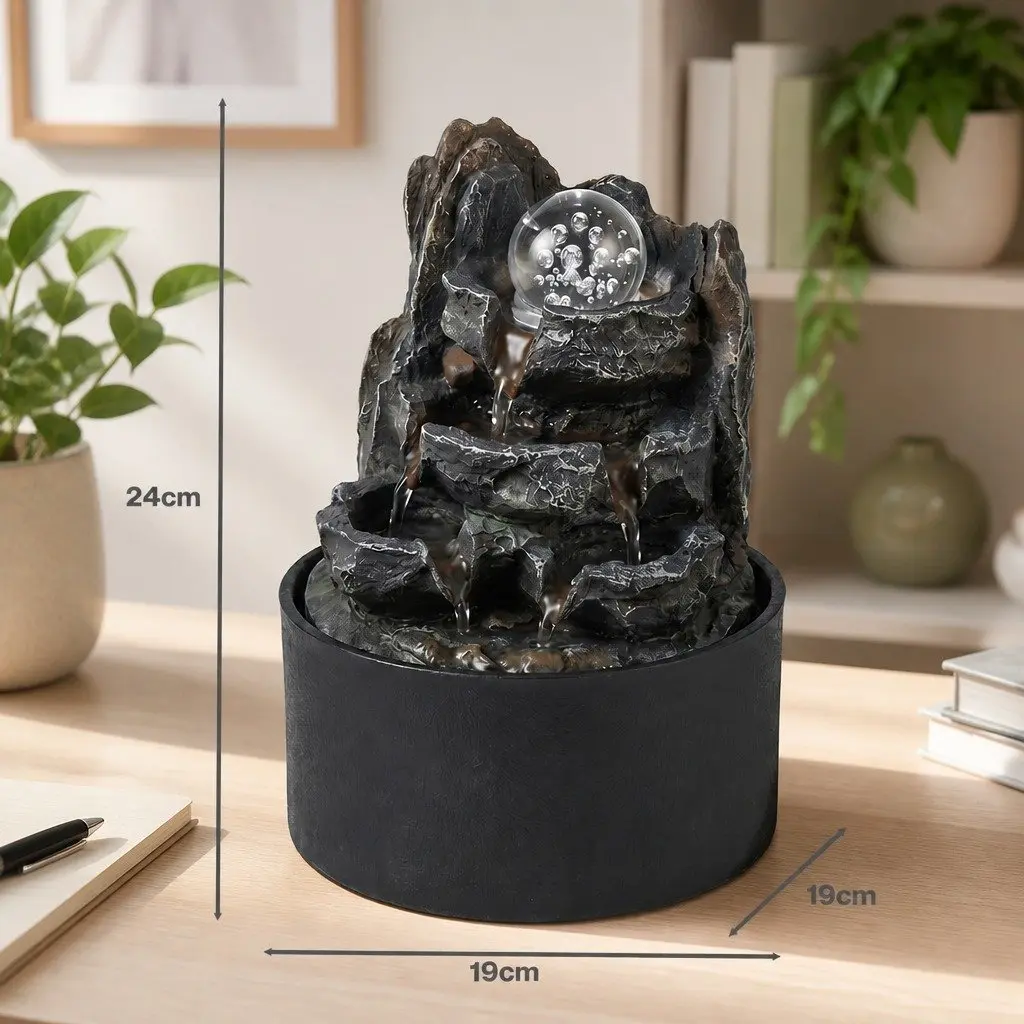 Tabletop Water Fountain Grey 19cm Compact Indoor Water Feature with 3 Flow Levels