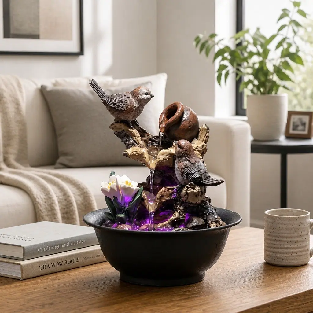 Tabletop Water Fountain Multicolor Indoor Bird Theme LED Colour Changing Relaxation Decor