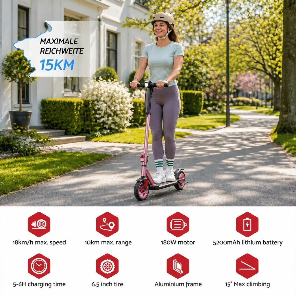 Electric Scooter Pink Adjustable Height 180W Foldable Portable 18KM/H