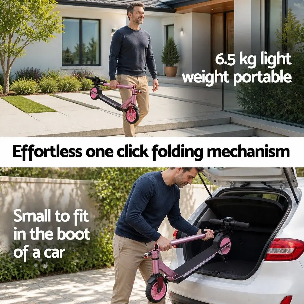 Electric Scooter Pink Adjustable Height 180W Foldable Portable 18KM/H