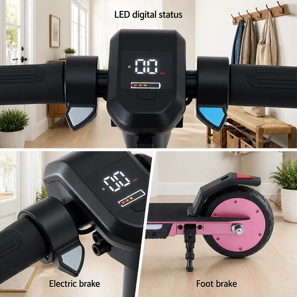 Electric Scooter Pink Adjustable Height 180W Foldable Portable 18KM/H