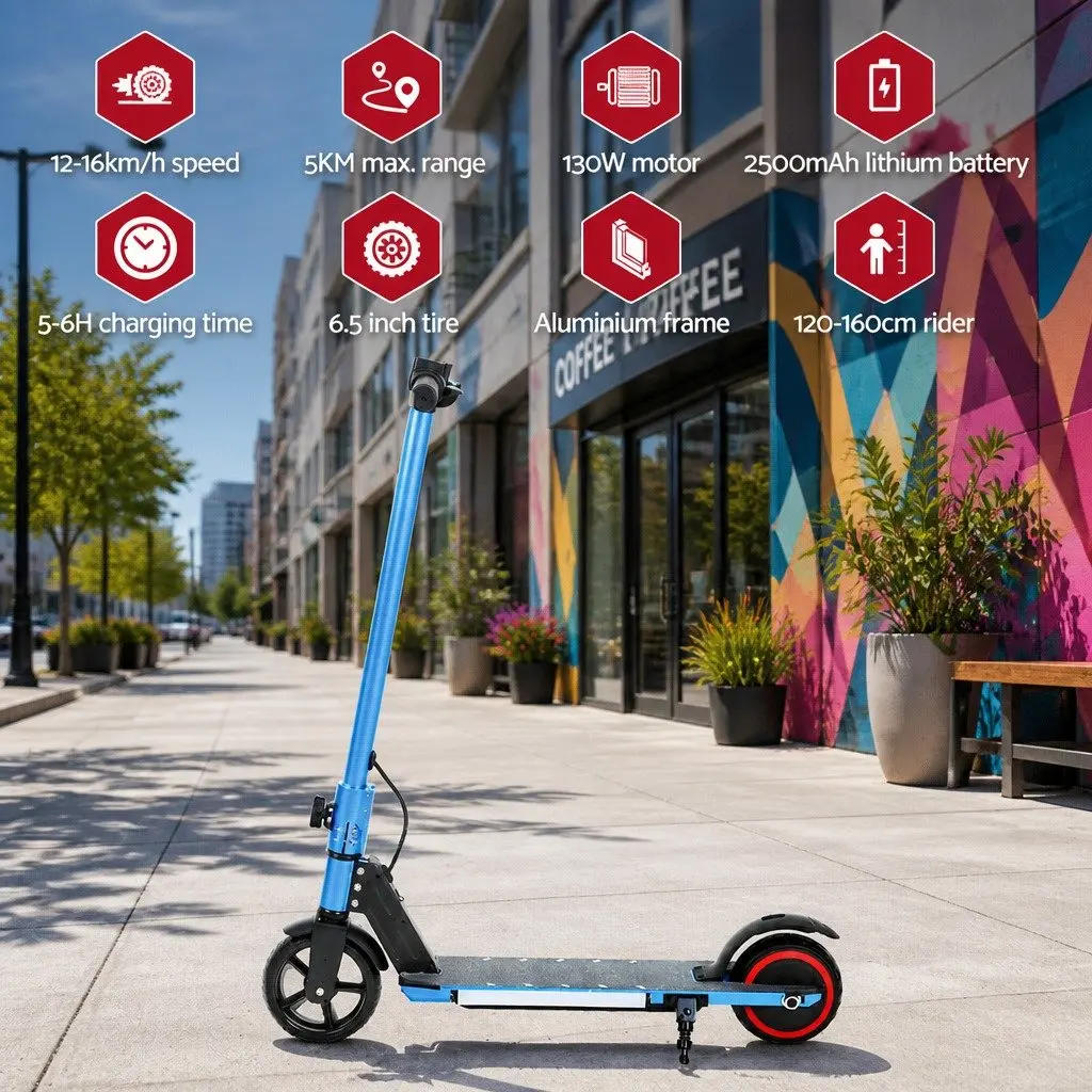 Electric Scooter Blue Foldable Portable 130W Motor 16km/h LED Light