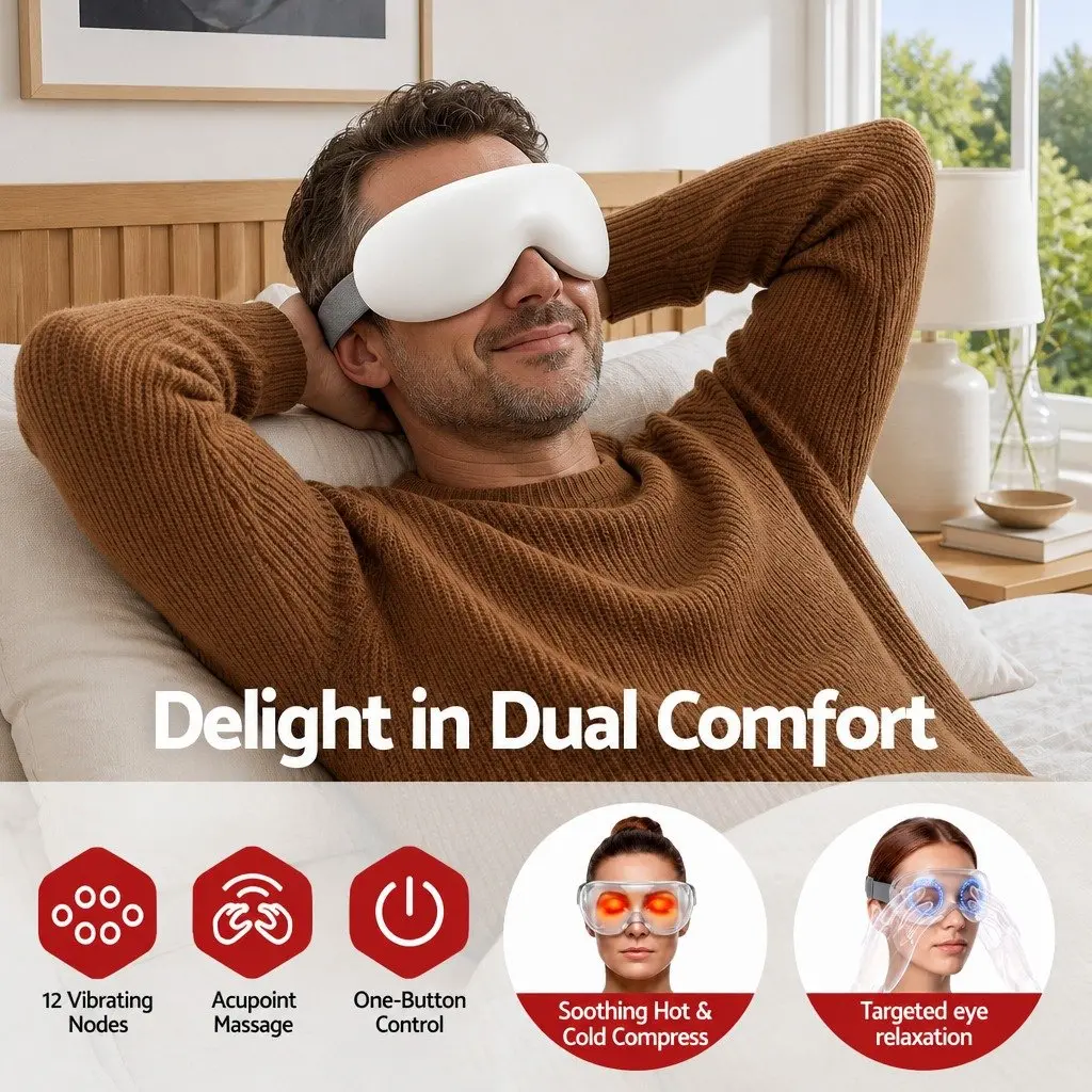Dual Hot and Cold Compress Eye Massager White Adjustable 12 Vibrating Nodes Wireless Bluetooth Quick Charge