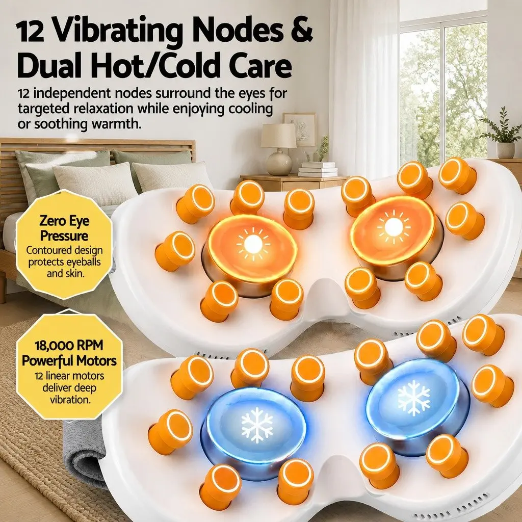 Dual Hot and Cold Compress Eye Massager White Adjustable 12 Vibrating Nodes Wireless Bluetooth Quick Charge