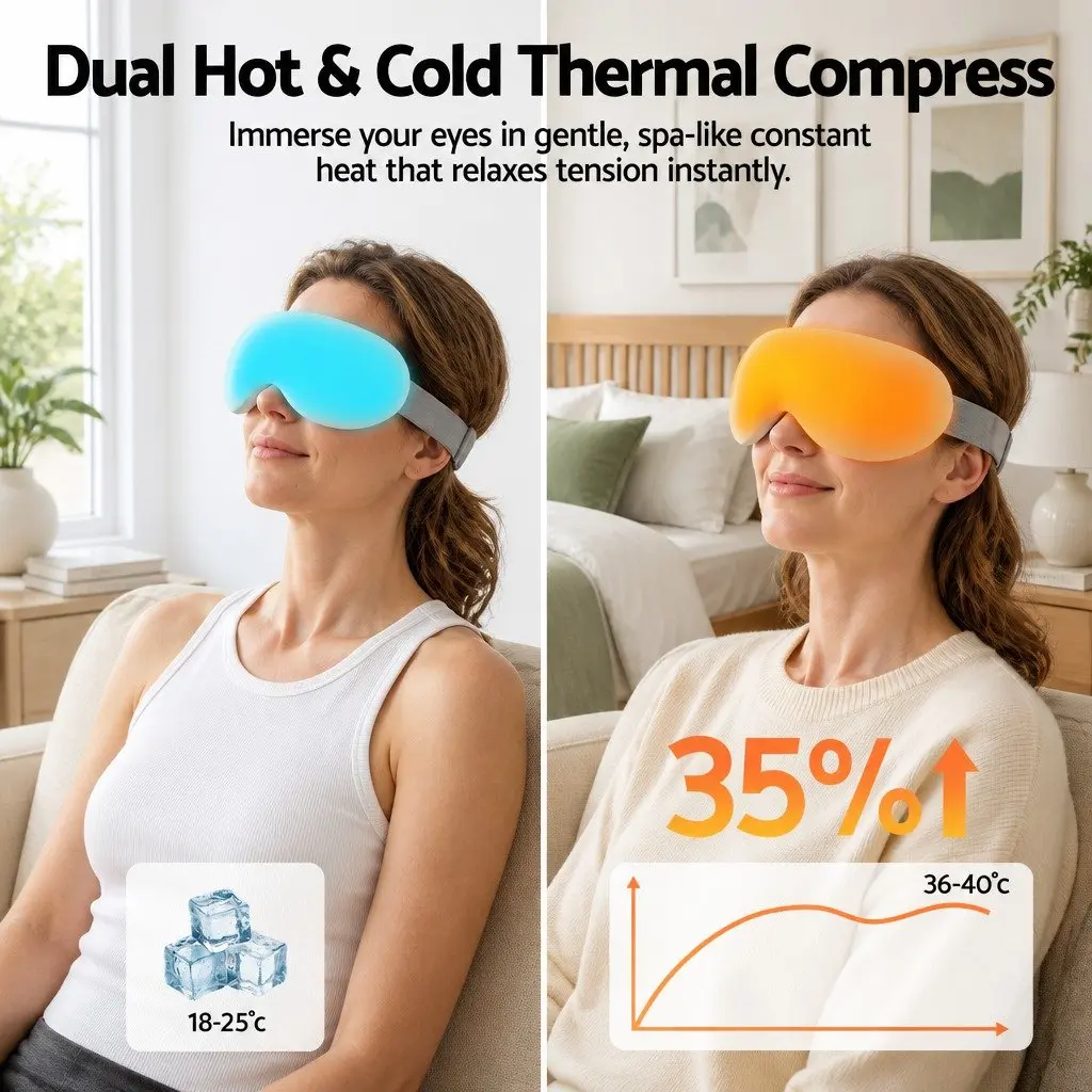 Dual Hot and Cold Compress Eye Massager White Adjustable 12 Vibrating Nodes Wireless Bluetooth Quick Charge