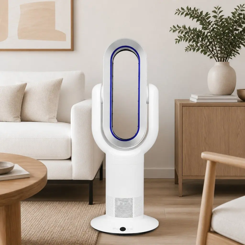 Bladeless Electric Fan Tower Cooler Heater White 35W Quiet Operation Remote Control