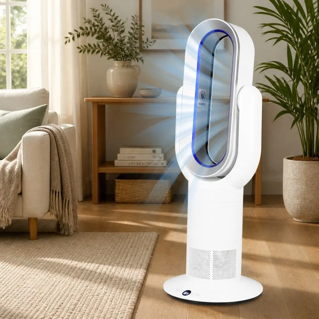 Bladeless Electric Fan Tower Cooler Heater White 35W Quiet Operation Remote Control
