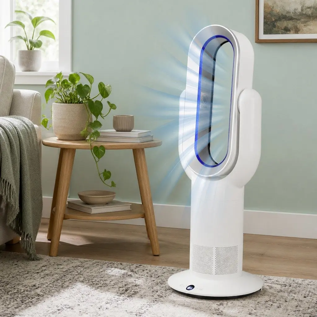 Bladeless Electric Fan Tower Cooler Heater White 35W Quiet Operation Remote Control
