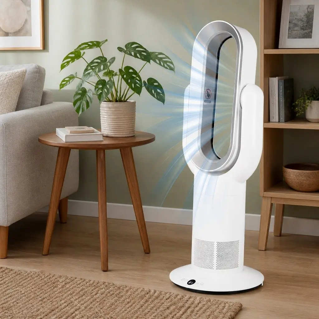 Bladeless Tower Fan White 72cm Remote Control Quiet Operation 35W Portable Home Office