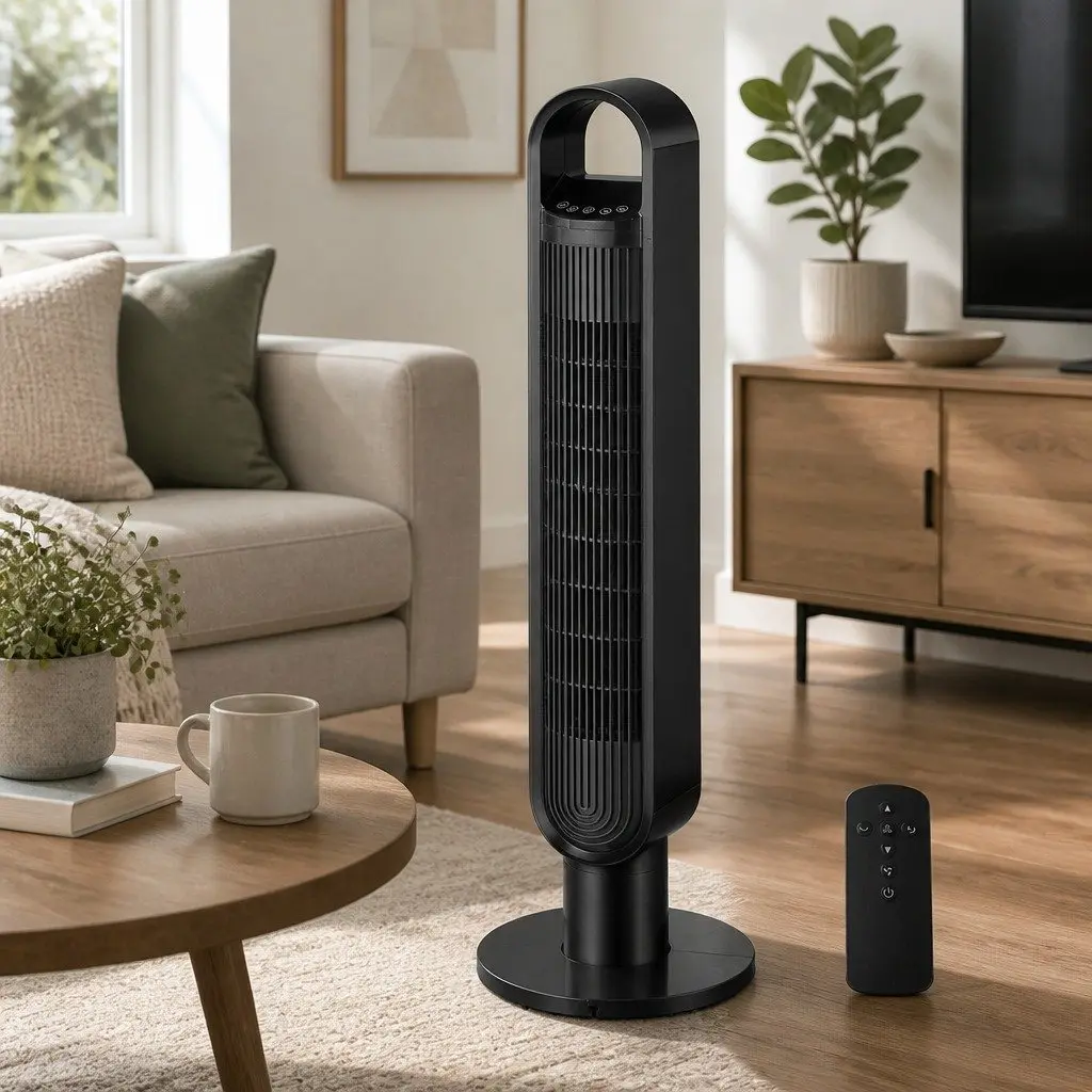 Bladeless Tower Fan Black 80° Swivel Remote Control Quiet