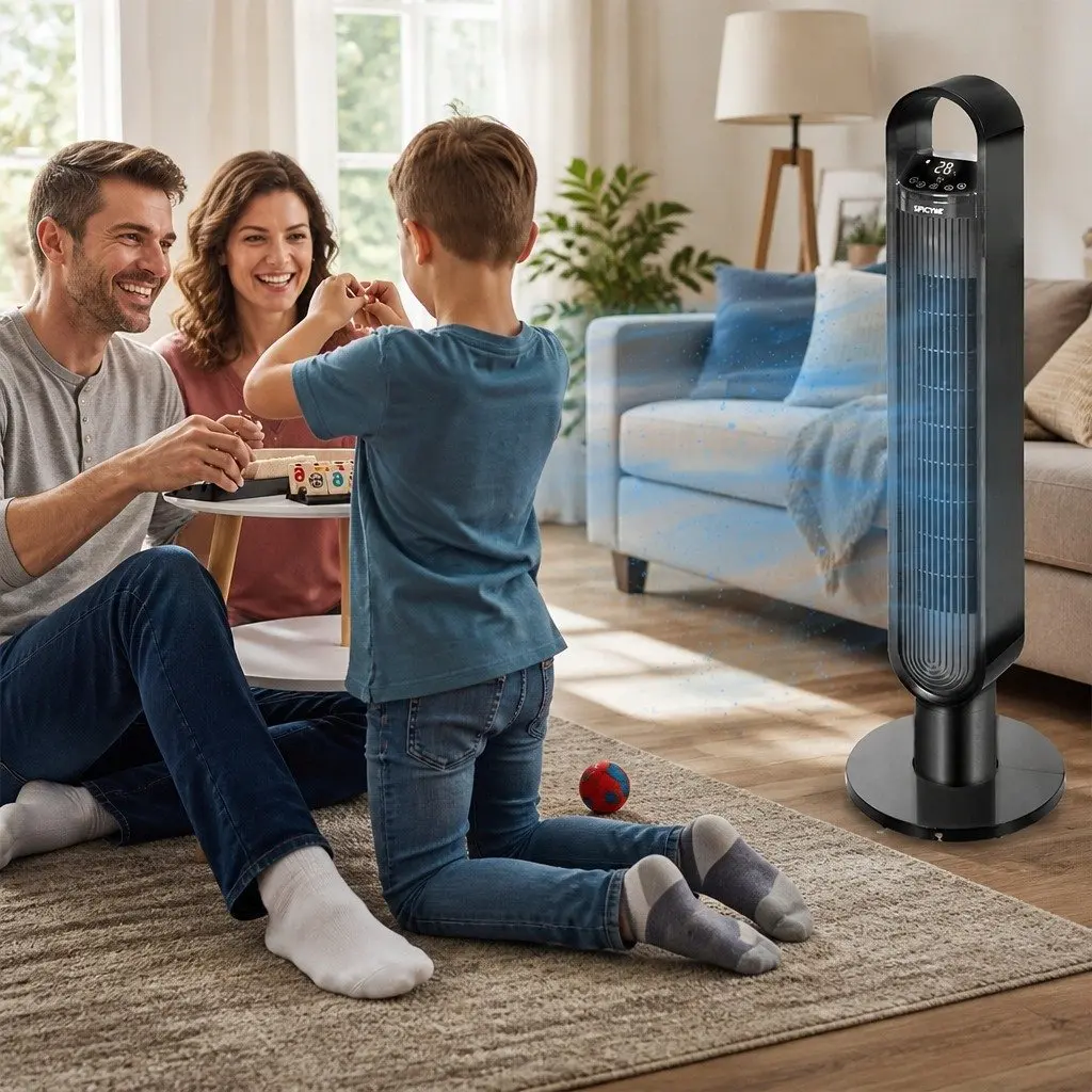 Bladeless Tower Fan Black 80° Swivel Remote Control Quiet