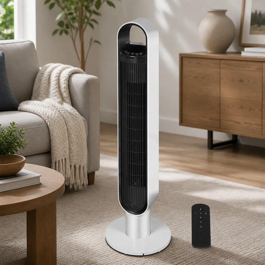 Tower Fan White 100cm Portable Oscillating Remote Control 3 Speed 80 Degree Swivel