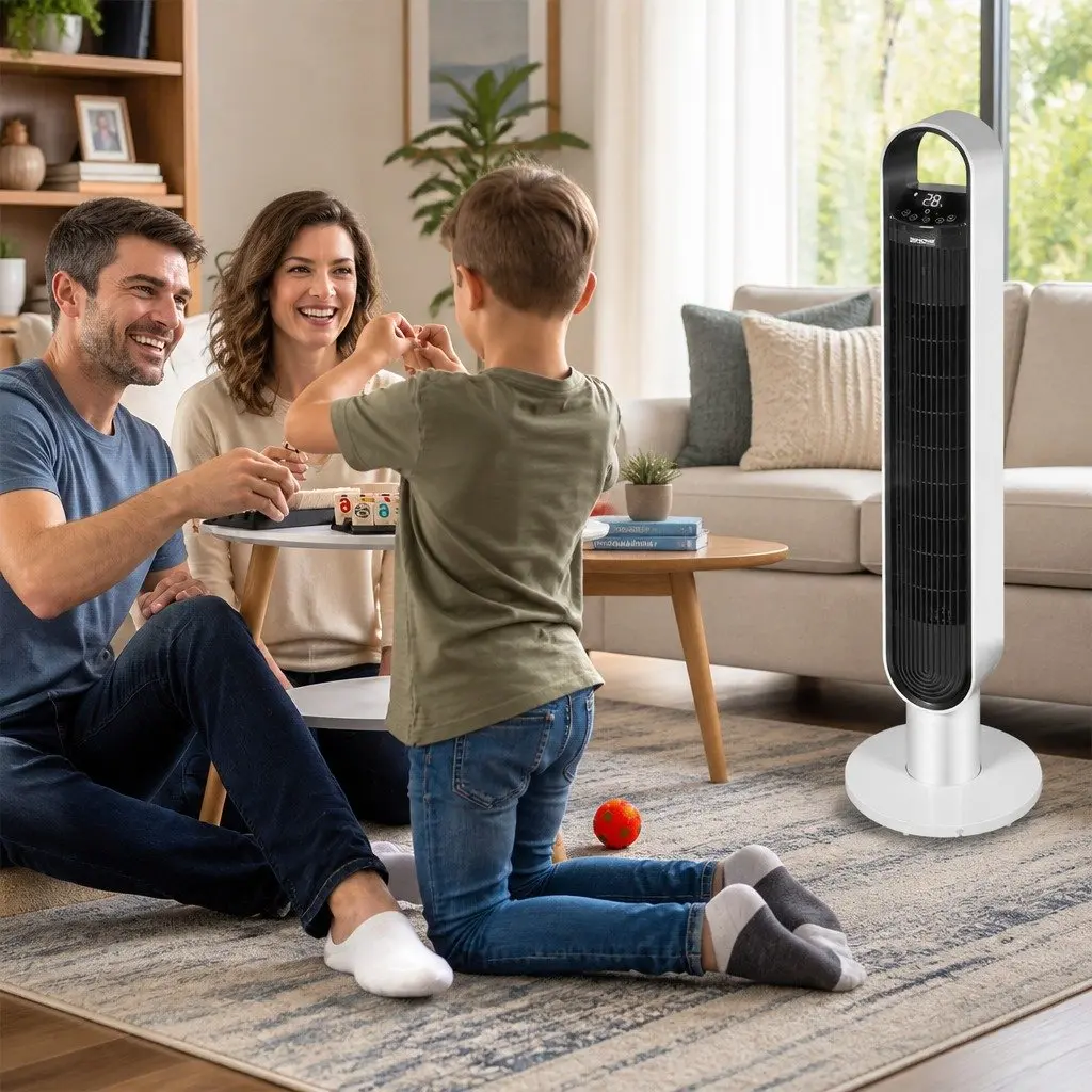 Tower Fan White 100cm Portable Oscillating Remote Control 3 Speed 80 Degree Swivel